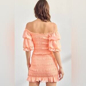 Coral Y2K Crinkle Stretch Mini Puff Sleeve Dress